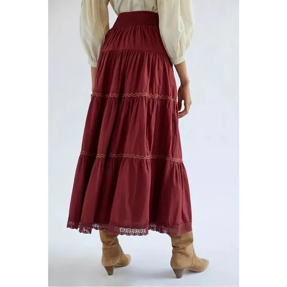 NWT ANTHROPOLOGIE TIERED LACE
MAXI SKIRT Deep Red - Picture 7 of 7